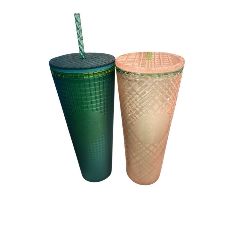 Set of 2 Starbucks Jeweled Jelly Acrylic Grid Pearl Pink Green Tumbler 24 oz NWT